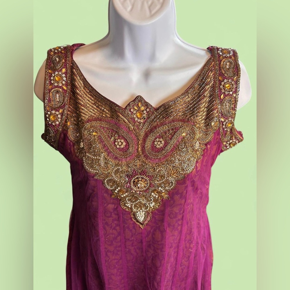 Stunning magenta purple and gold beaded and embroidered Anarkali Indian dress